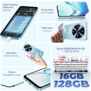 Light blue smartphone with 6.52-inch display, 5000mAh battery, 13MP camera, 16GB RAM, 128GB ROM, slim body, and headphone jack.
