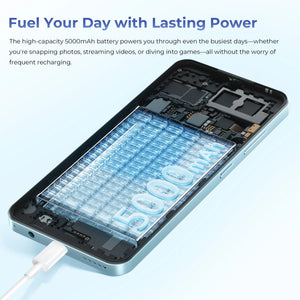 Smartphone with transparent view showing 5000mAh battery capacity and charging cable