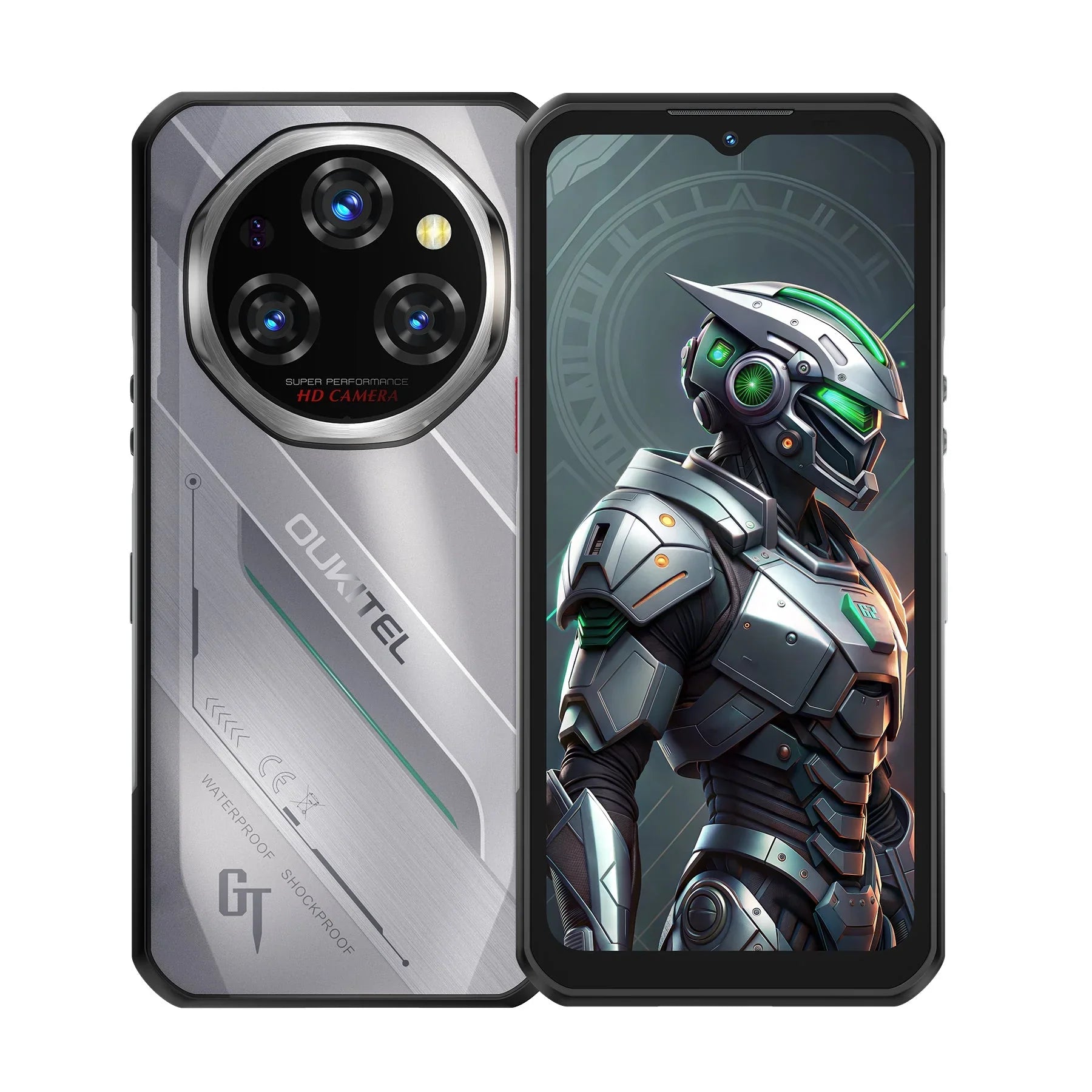 Rugged smartphone with triple rear camera and robot-themed wallpaper, metallic design