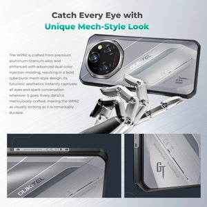 Futuristic rugged smartphone with triple camera, metallic finish, held by robotic hand, cyberpunk style