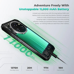 Rugged smartphone with powerful 11,000 mAh battery, camera module, and long battery stats.