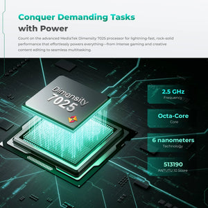 MediaTek Dimensity 7025 processor chip with 2.5GHz octa-core, 6nm technology, and Antutu score shown.