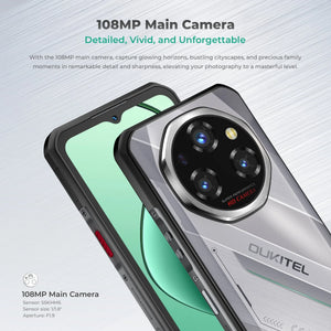 Rugged smartphone with 108MP main camera, triple rear lenses, and metallic back cover