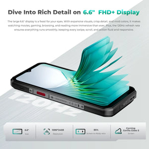 Rugged smartphone with 6.6-inch FHD+ display, 120Hz refresh rate, shockproof, Gorilla Glass 5 screen.