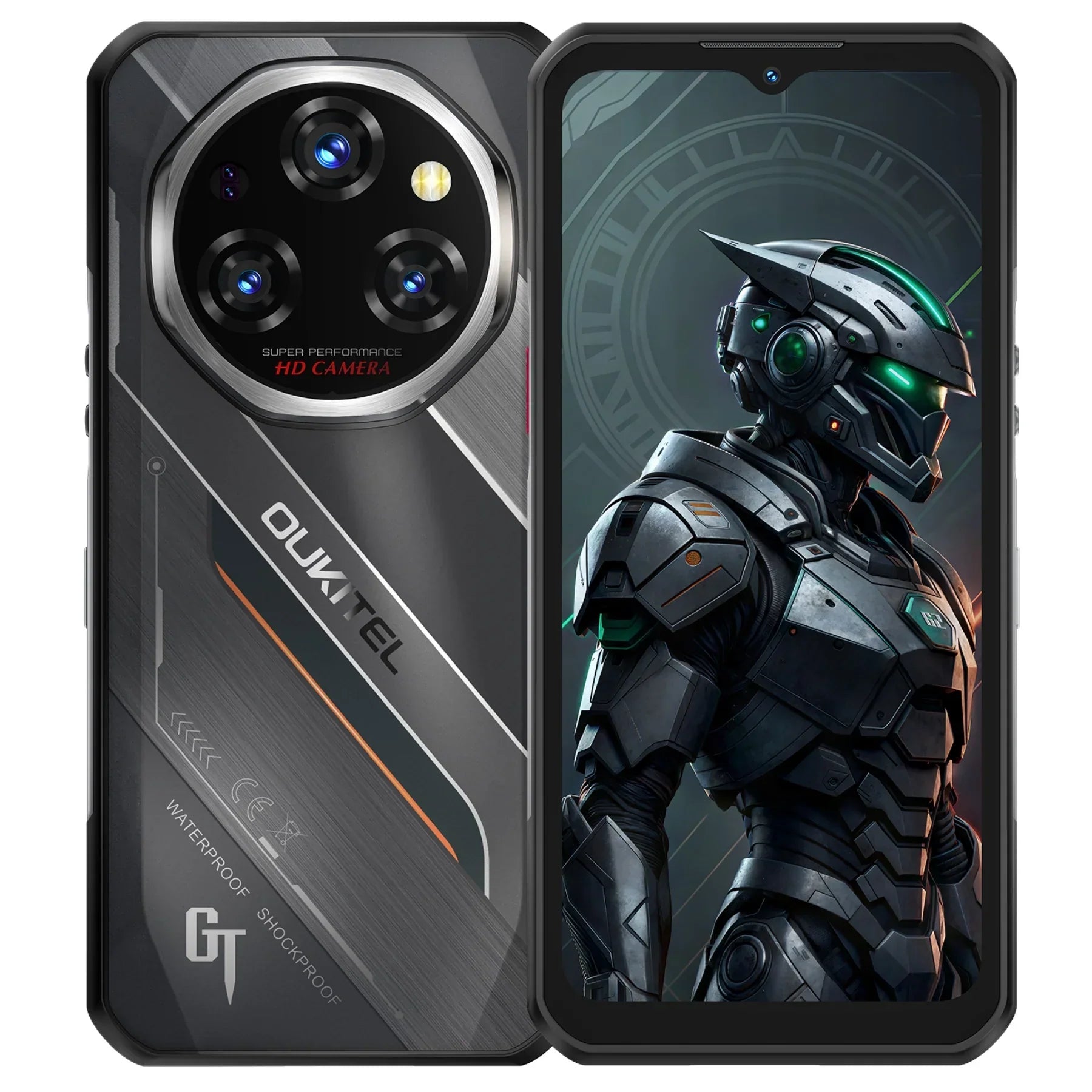 Rugged waterproof smartphone with triple rear camera and robot wallpaper on display