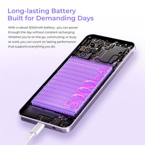 Smartphone with exposed interior showing 5000mAh long-lasting battery and charging cable