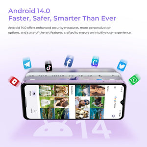 Android 14 smartphone displaying photo gallery and popular social media app icons on screen.