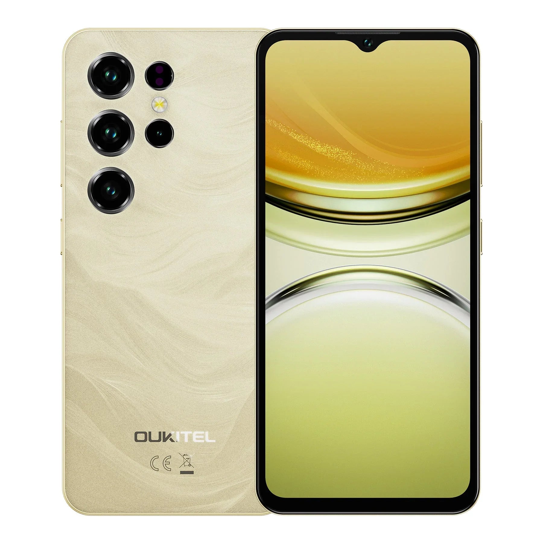 Gold smartphone with quad rear cameras and 6.52-inch display, front and back view
