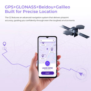 Hand holding phone with GPS navigation map, highlighting GPS, GLONASS, Beidou, Galileo support.