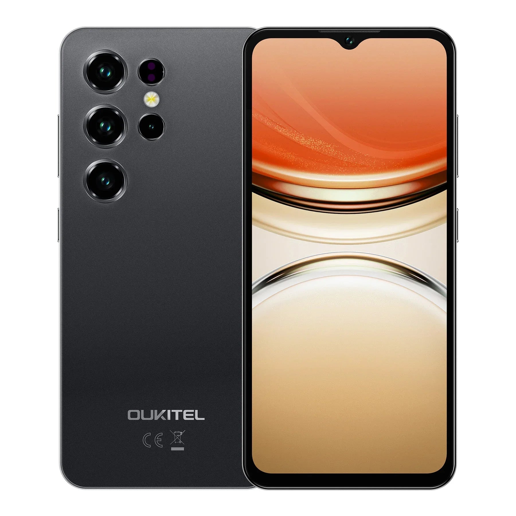 Grey smartphone with quad rear cameras, large 6.52-inch display and minimalist design