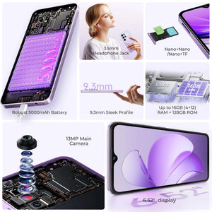 Smartphone features collage showing 5000mAh battery, 13MP camera, 6.52-inch display, 3.5mm jack, dual SIM and thin 9.3mm design.