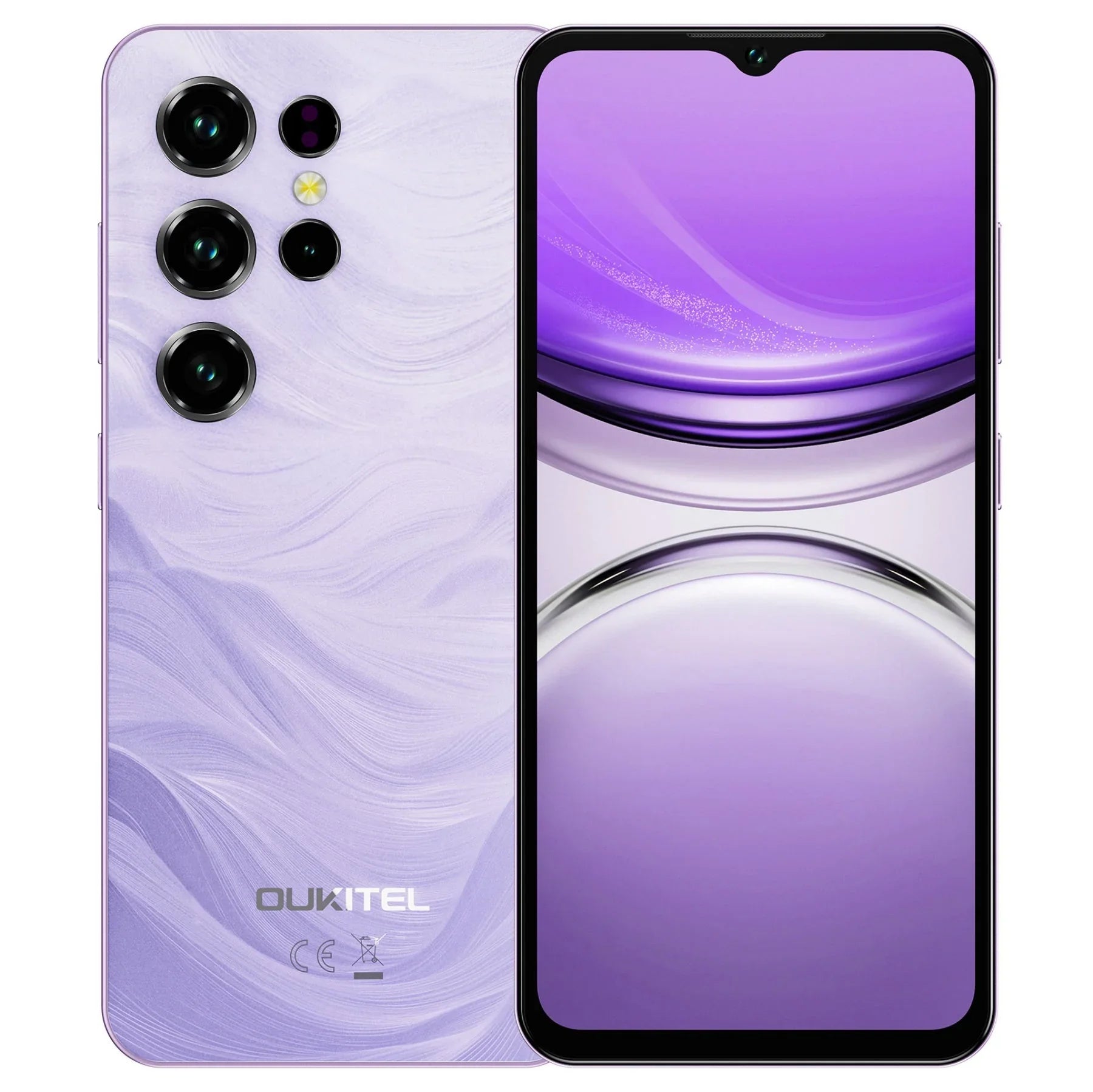 Pink Oukitel C2 smartphone with quad rear cameras and a purple gradient display