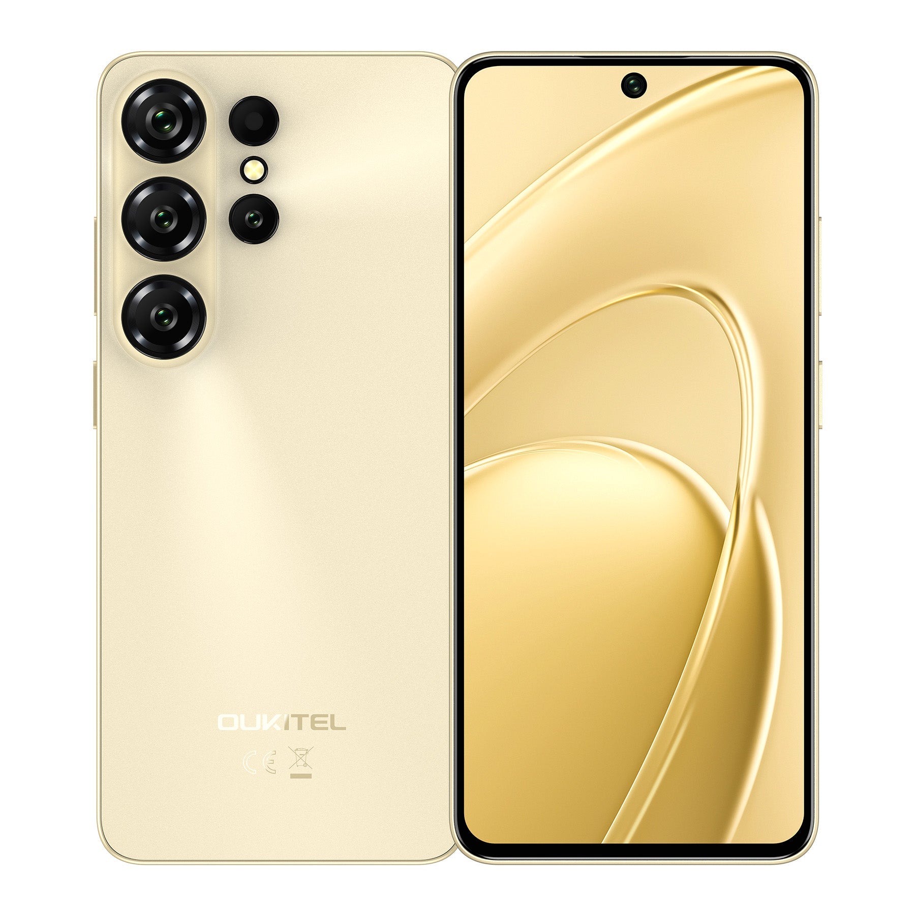 OUKITEL C26 in gold, showcasing the front and back design with a 64MP camera setup and 6.63" display.