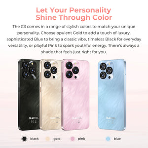 OUKITEL C3 smartphone available in black, gold, pink, and blue, featuring a stylish design and multiple color options.