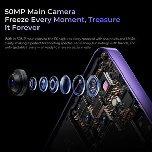 Smartphone showing 50MP main camera lens assembly and internal components on a black background