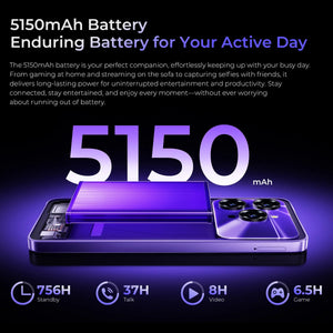 Smartphone with 5150mAh battery, purple design, battery stats for standby, talk, video, gaming