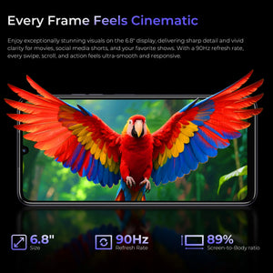 6.8-inch smartphone display with 90Hz refresh rate showing vibrant parrot image