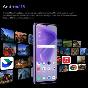 Android 15 smartphone with vibrant screen, app icons, and multimedia content in background.