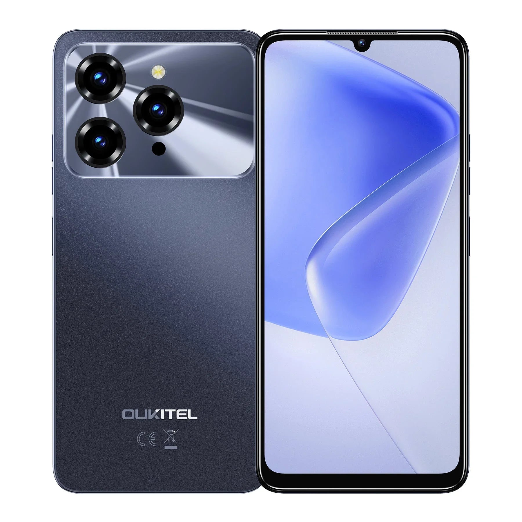 sleek black smartphone with triple rear cameras and large display front view