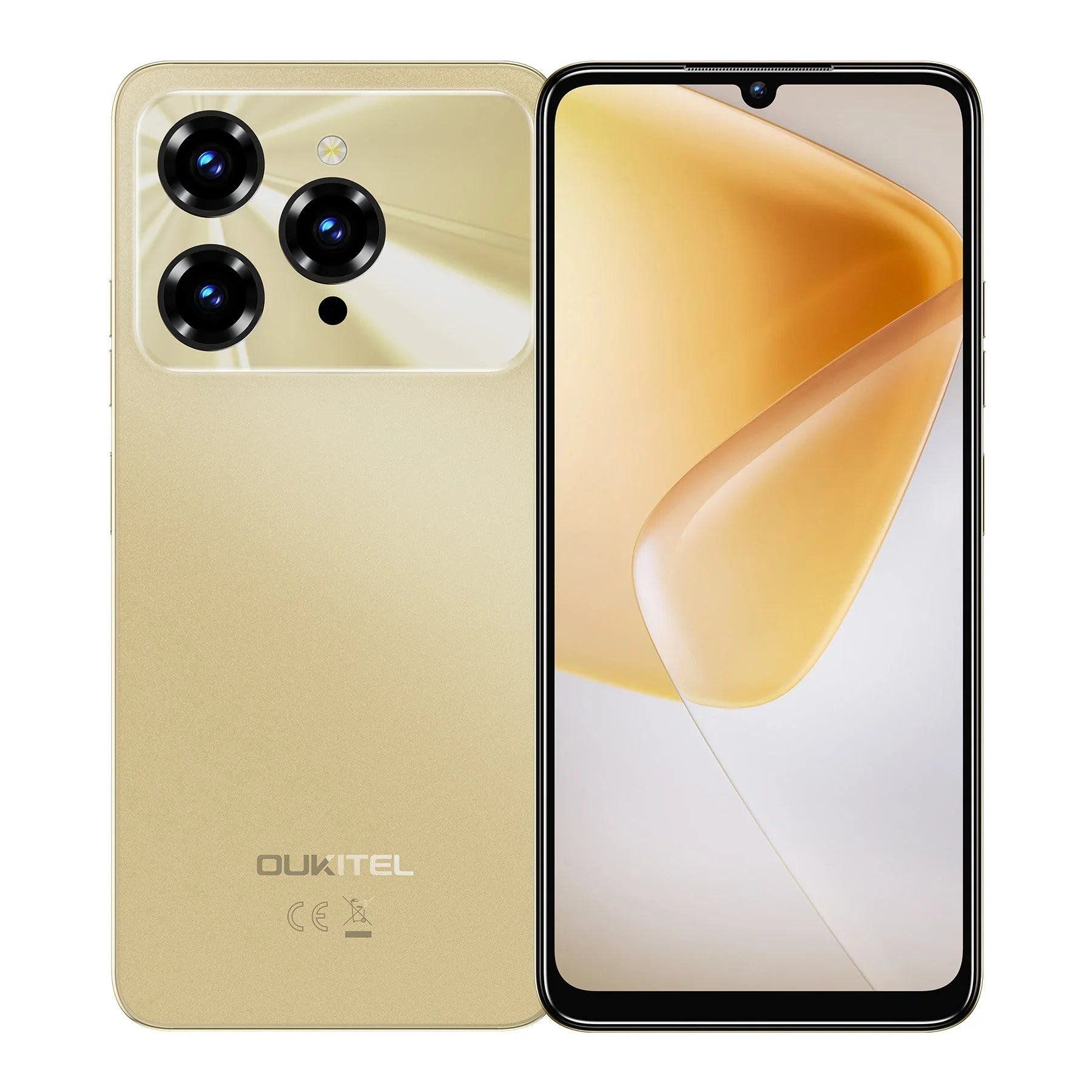 Gold smartphone with triple rear cameras and large display, modern sleek design