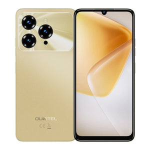 Gold smartphone with triple rear cameras and large display, modern sleek design
