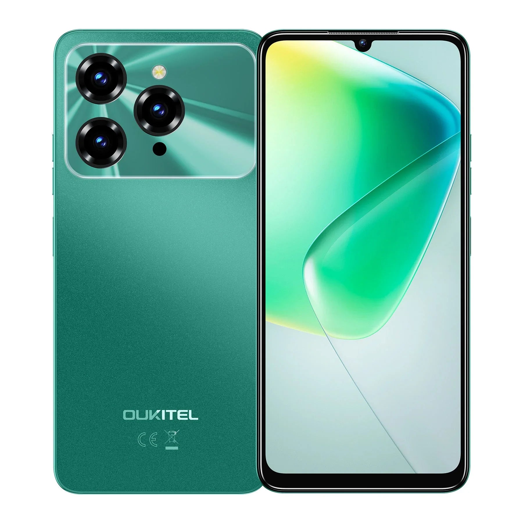 Green smartphone with triple rear cameras and large display, front and back view