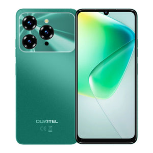 Green smartphone with triple rear cameras and large display, front and back view