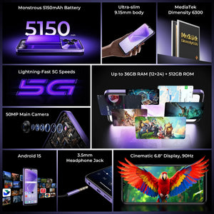 Smartphone feature collage showing 5150mAh battery, 5G, 50MP camera, 36GB RAM, 512GB ROM, 6.8-inch display.
