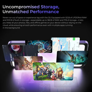 Smartphone with multiple app and game screens, highlighting large storage and high performance.