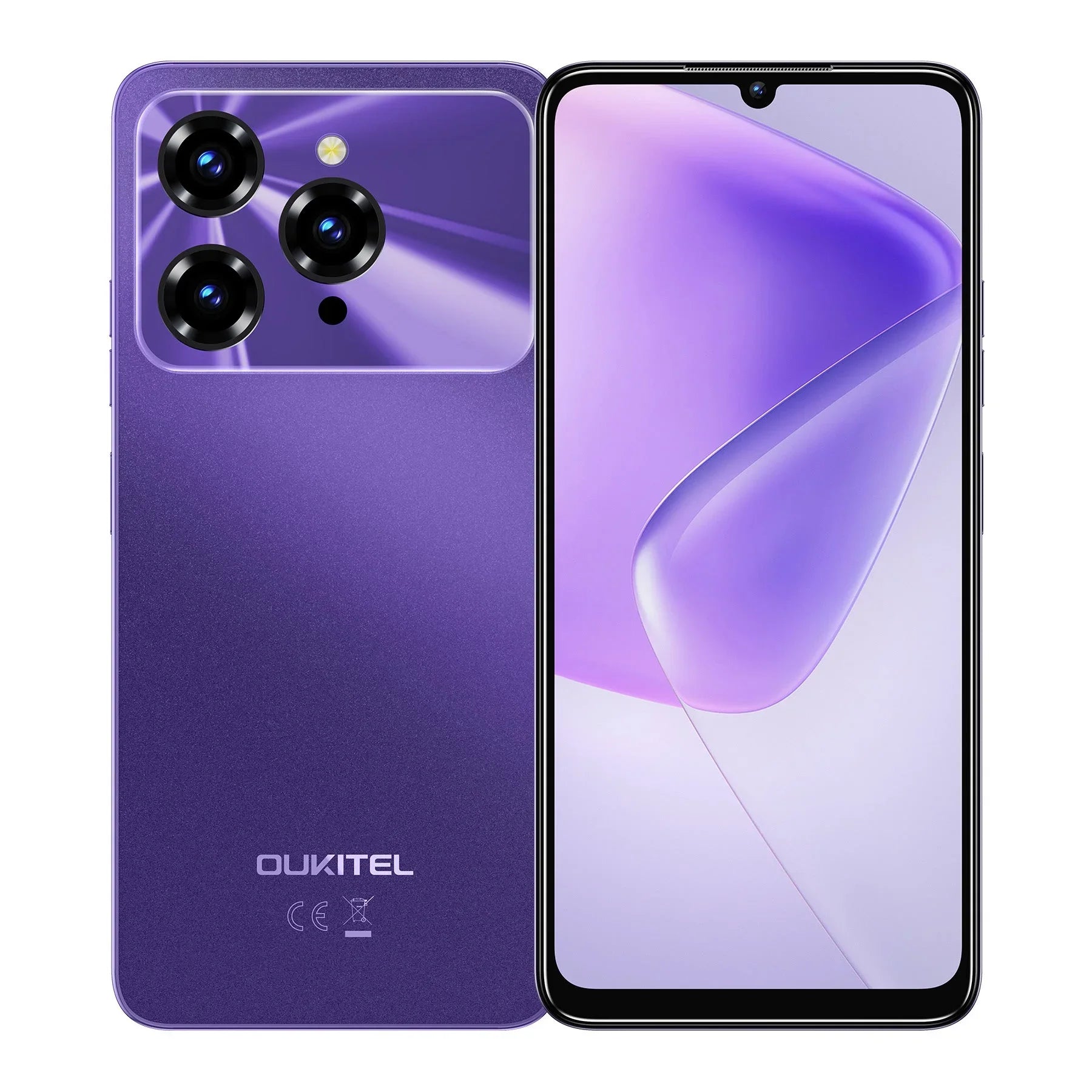 Purple smartphone with triple rear cameras and large display, modern sleek design