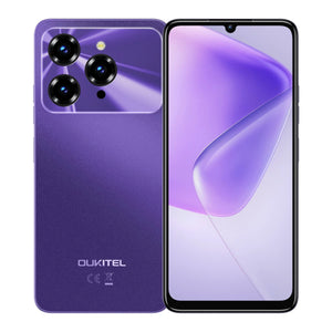 Purple smartphone with triple rear cameras and large display, modern sleek design