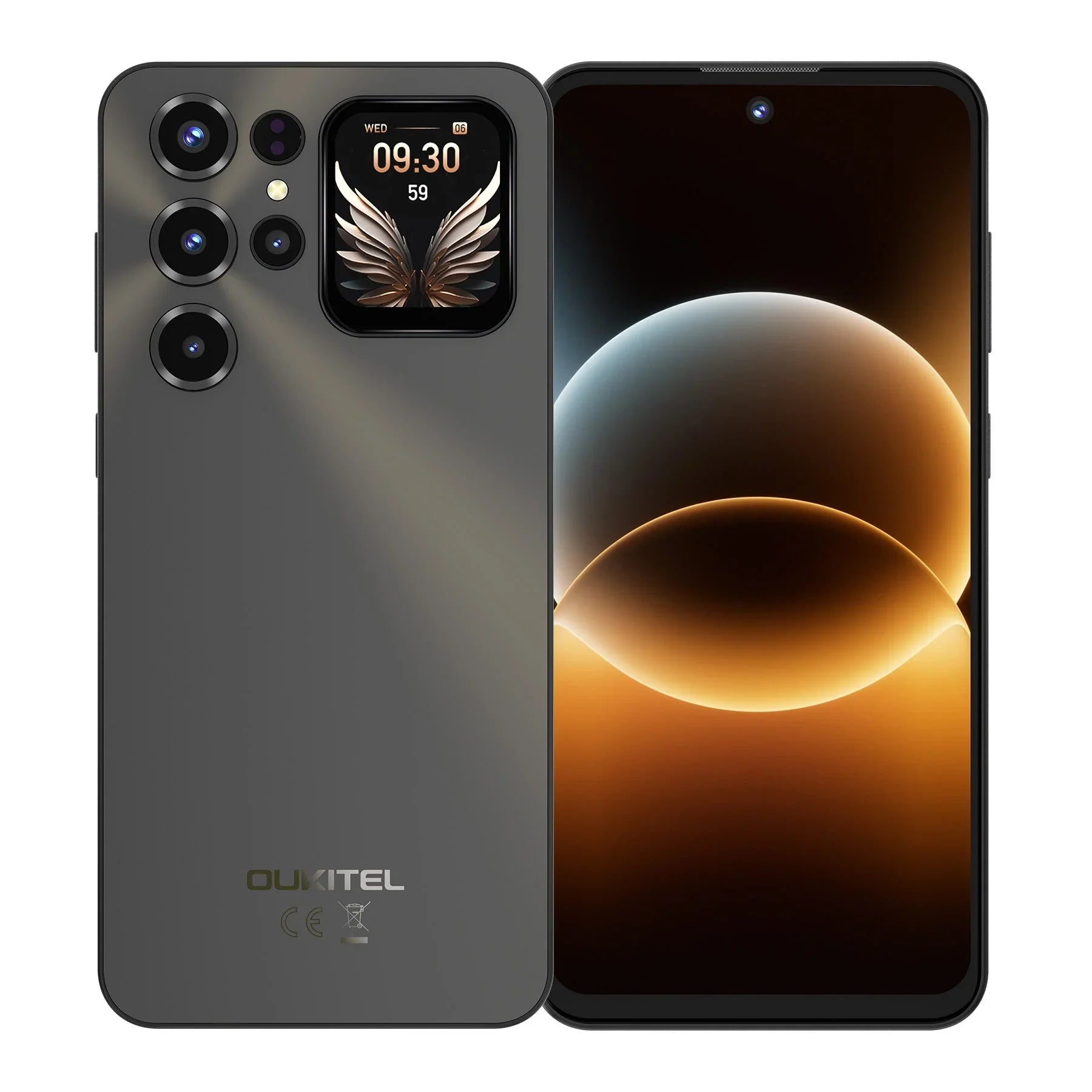 Grey smartphone with quad rear cameras, rear display, and vibrant front screen display