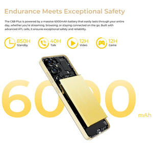 Smartphone with large 6000mAh battery, internal view, highlighting long battery life features