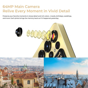 Close-up of smartphone 64MP main camera lens with cityscape photo samples below