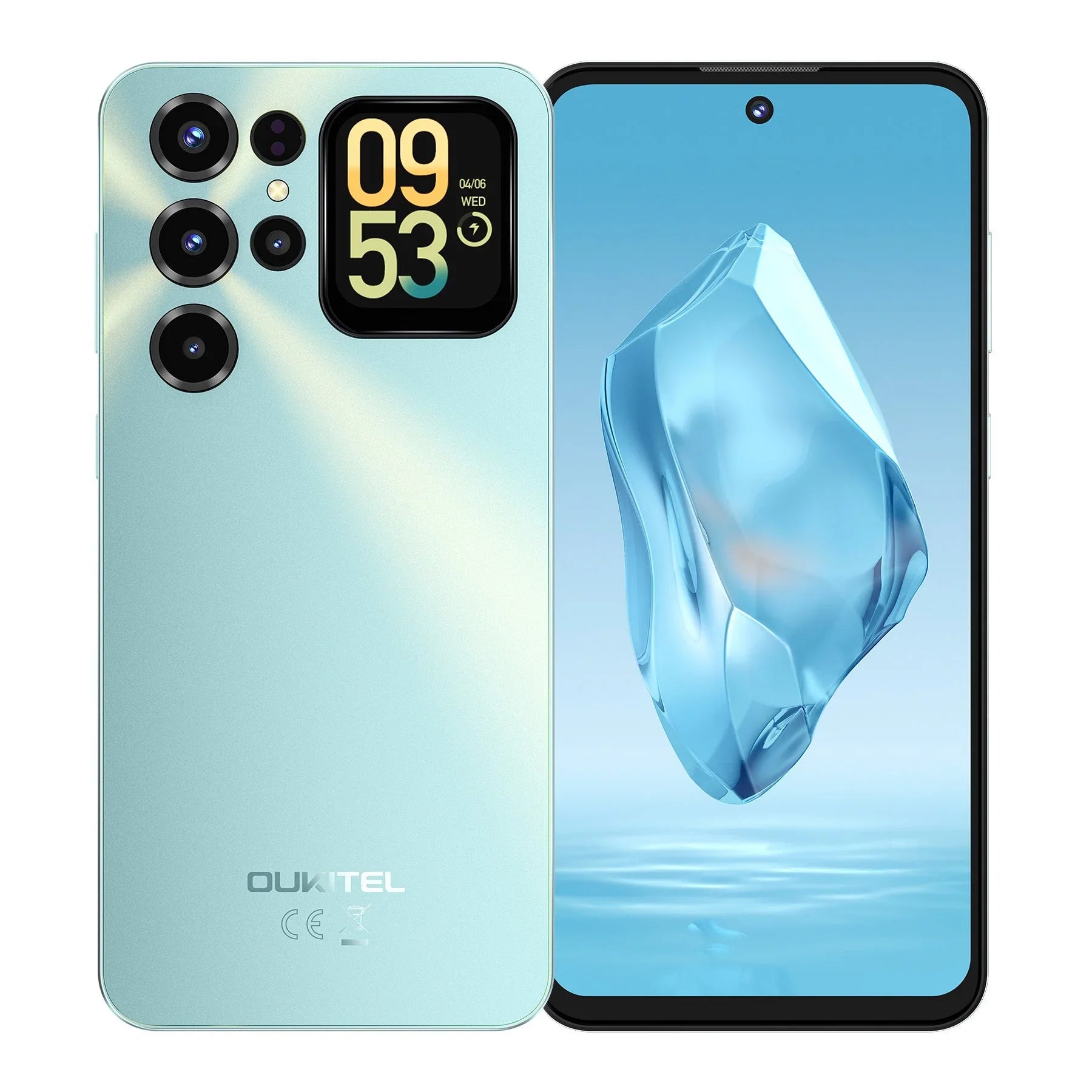 Blue smartphone with quad rear cameras, side display, and large front screen
