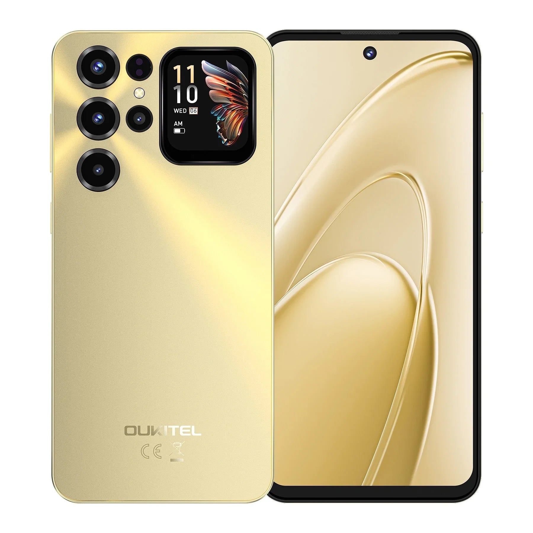 Gold smartphone with quad rear cameras, secondary display, and large full-screen front