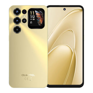Gold smartphone with quad rear cameras, secondary display, and large full-screen front