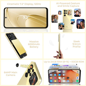 Gold smartphone highlighting 7.2-inch 120Hz display, 64MP camera, 6000mAh battery, 24GB RAM.