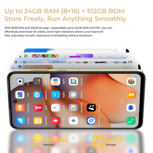 Smartphone with multiple open apps, showing 24GB RAM, 512GB storage features on screen.