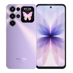 Purple smartphone with multiple rear cameras, small rear display, and floral screen wallpaper