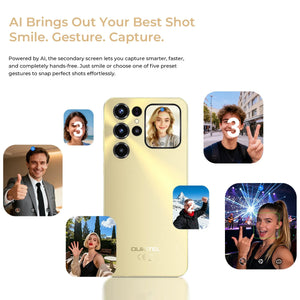 Gold smartphone with AI-powered secondary screen, gesture controls, and multiple camera lenses.