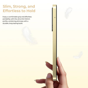 Hand holding an ultra-thin gold smartphone, highlighting slim 9.5mm profile and lightweight design.
