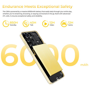 Smartphone with 6000mAh battery exposed, highlighting long battery life and internal design.
