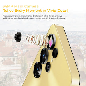 Gold smartphone close-up showing multiple rear cameras and lens assembly, 64MP main camera feature