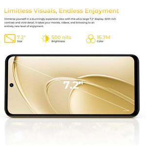 Smartphone with 7.2-inch display, 500 nits brightness, and 16.7M color shown on screen