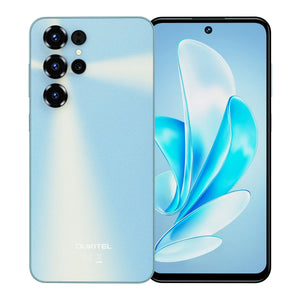 Blue smartphone with quad rear cameras and punch-hole front display