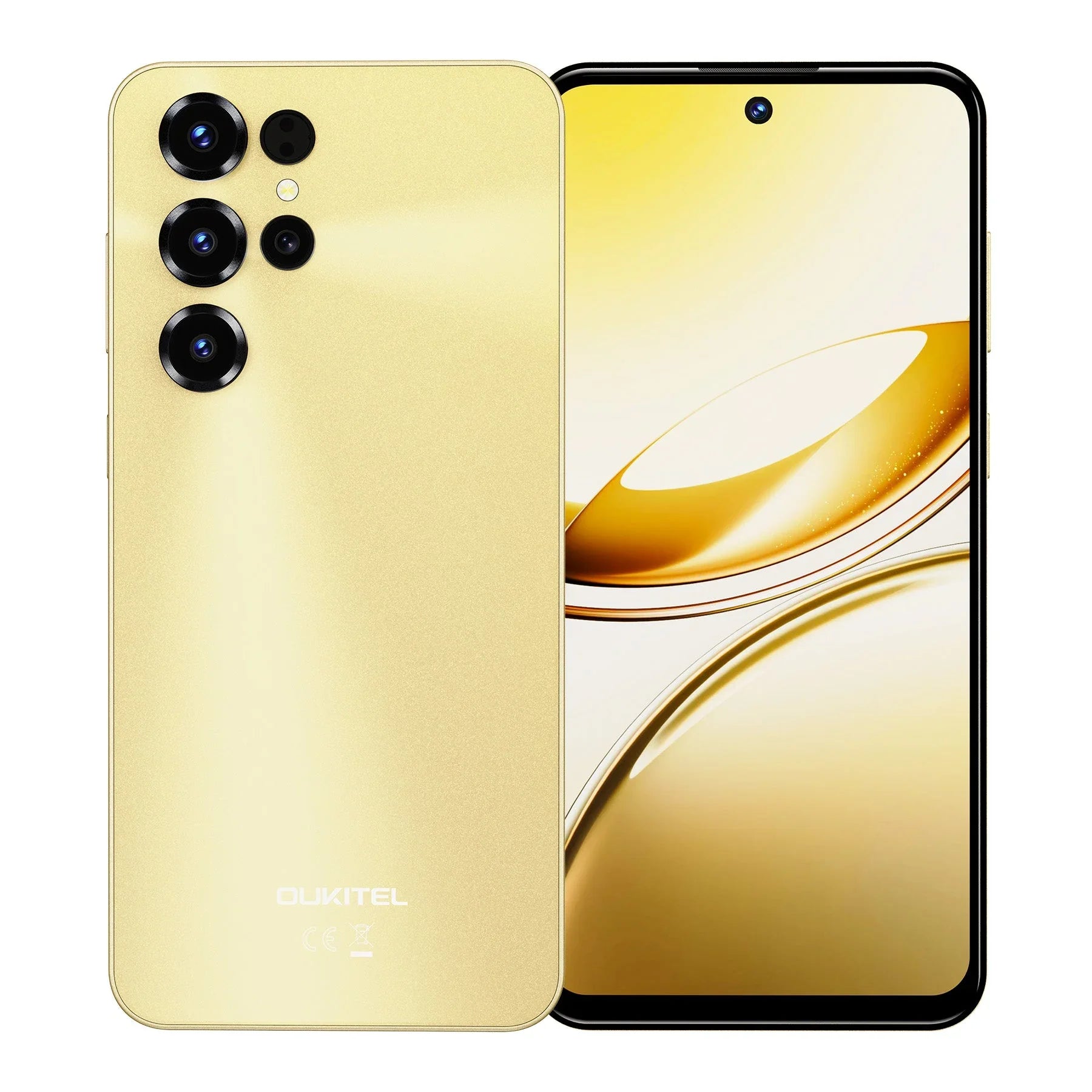 Gold smartphone with quad rear cameras and large display, shown front and back.
