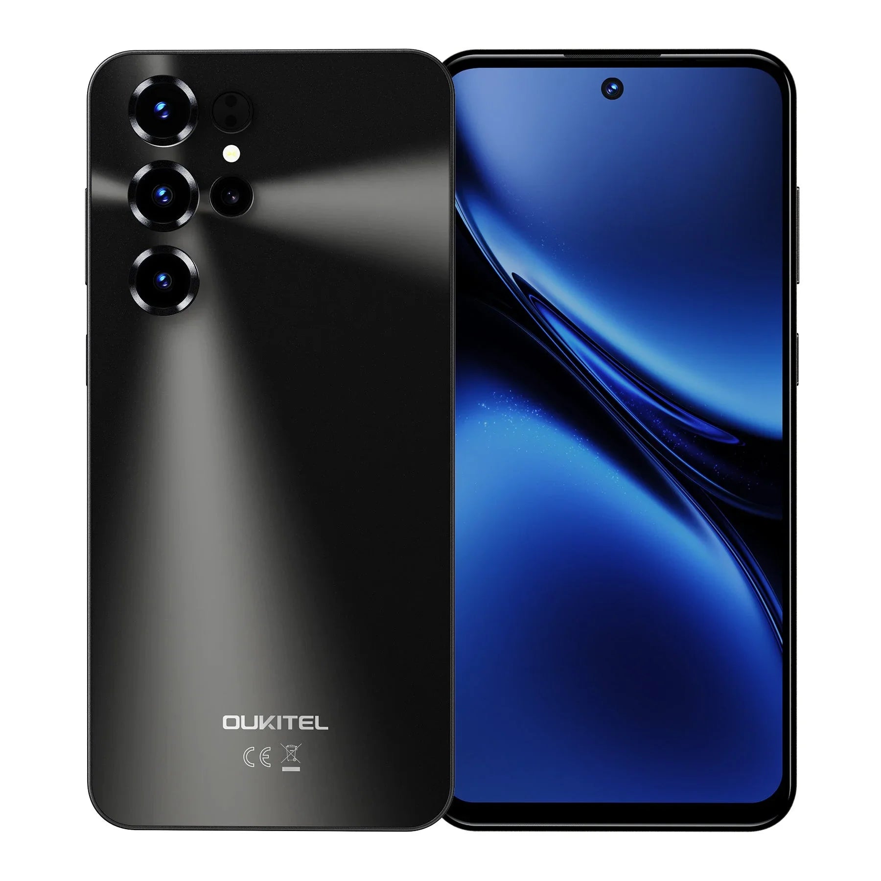 Grey smartphone with four rear cameras and bezel-less display, front and back view