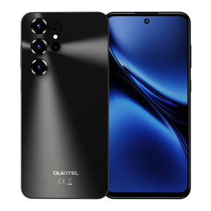 Grey smartphone with four rear cameras and bezel-less display, front and back view