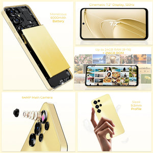 Gold smartphone features: large 7.2-inch display, 64MP camera, 6000mAh battery, slim design.